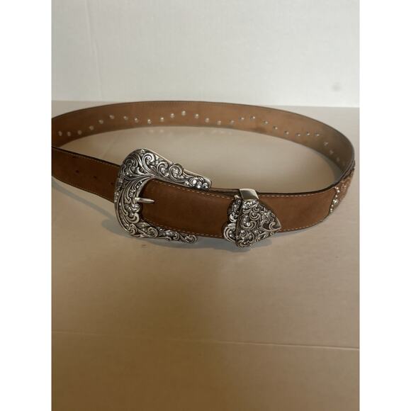 TONY LAMA - Women's Belt - BROWN Hand Tooled Leather RHINE STONES - Size L (36) - Picture 1 of 8